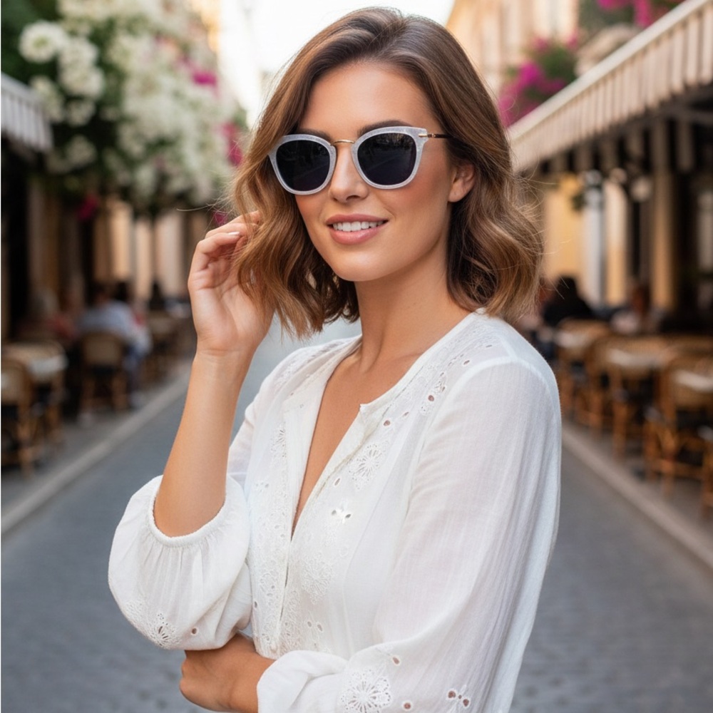 Betsy Johnson Sunglasses Marble Pearl White - Cat Eye Gold Detail